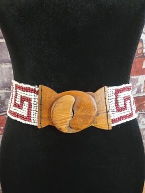 Artisan Crafted Beaded Stretch Belt With Wooden Buckle